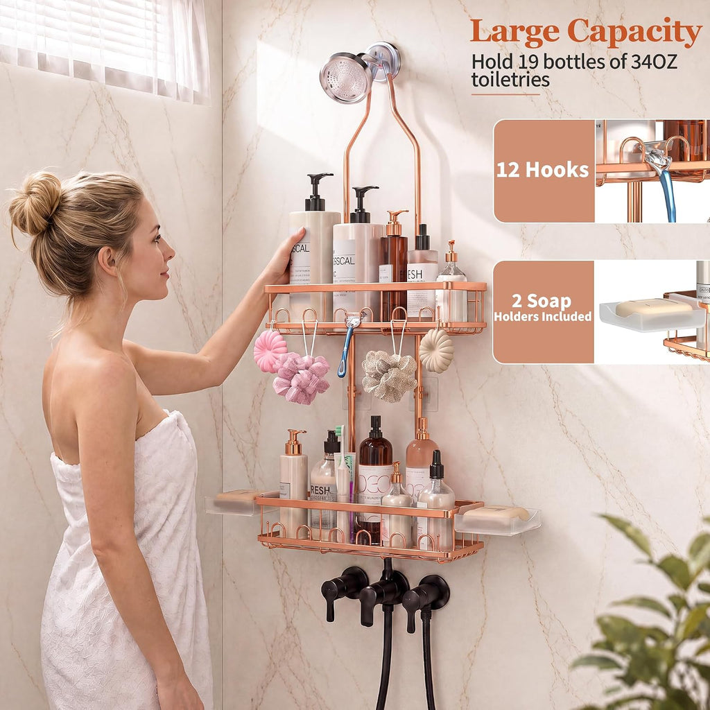 Skyapex Shower Caddy Hanging: Adjustable Height No Blocking to Shower Head - Shower Caddy Over Showerhead Shower Organizer - Rustproof Shower Shelves with Hooks 2 Soap Holders, Rose Gold
