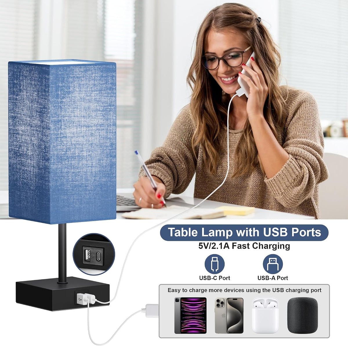 Bedside Table Lamp for Bedroom with 2USB Ports, 14-Inch, NavyBlue