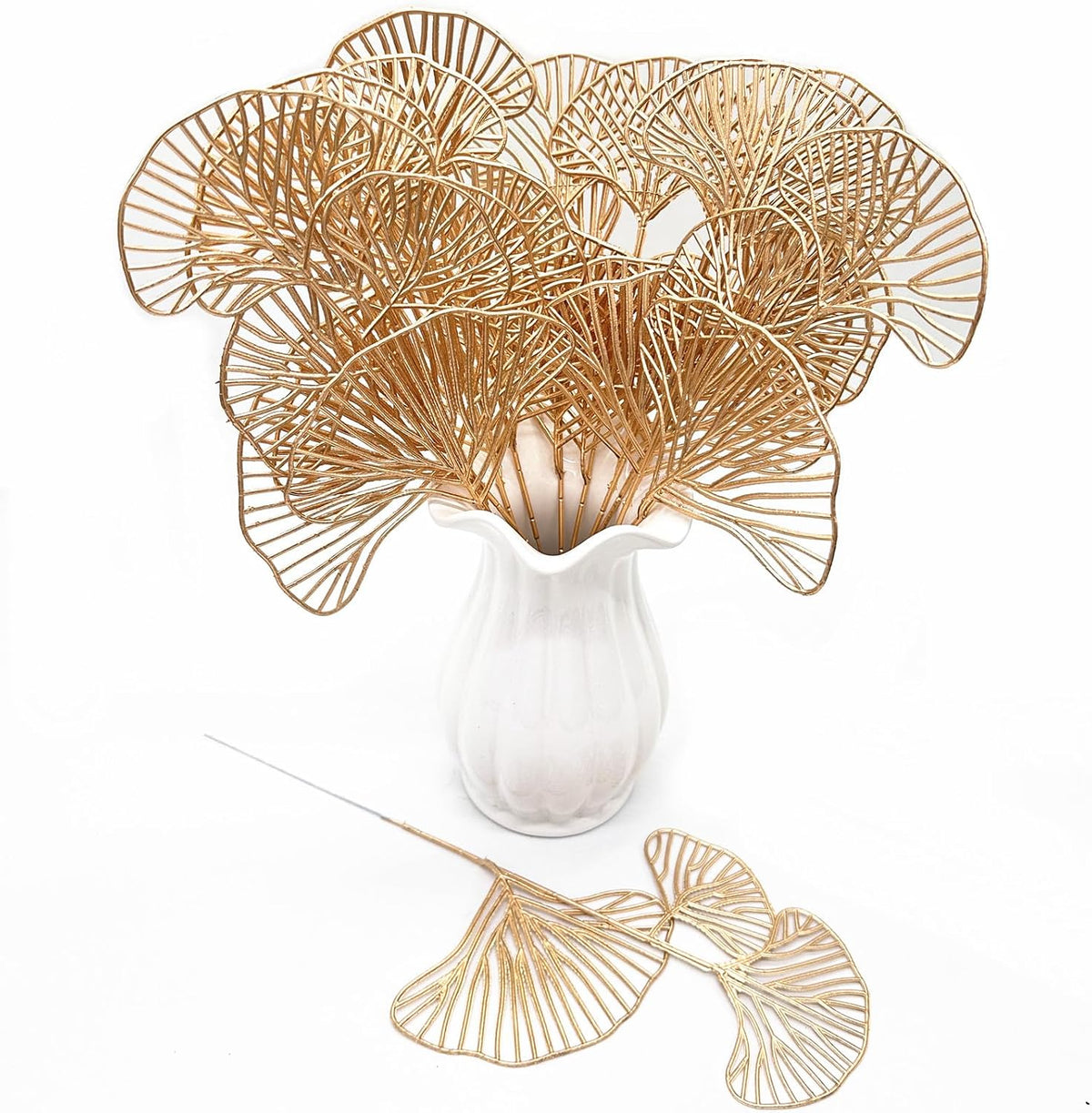 Fake Gold Ginkgo Leaves Stems 14 Inch 12 Pack, Artificial Golden Apricot Leaves Faux Apricot Leaf Stem Glitter Picks Bushes Faux Plants Decor Simulation Plant for Indoor Home Wedding Party Decoration