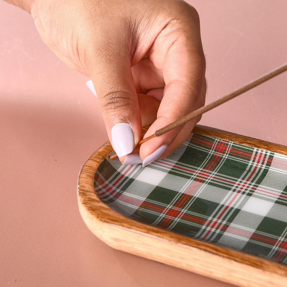 Folkulture Incense Holder or Incense Burner, Modern Incense Holder for Sticks, Ash Catcher or Insence Stick Holder for Housewarming Gifts, Wooden Incense Tray for Sticks, Green Plaid