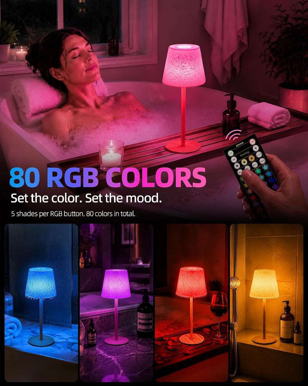 EZVALO Spa-Like RGB Shower Lamp – Waterproof Bathroom Lamp with Remote, Rechargeable Cordless Mood Light, 3 Color Temps & 80 RGB Colors for Relaxing Bathroom & Bathtub Experience (2 Packs)