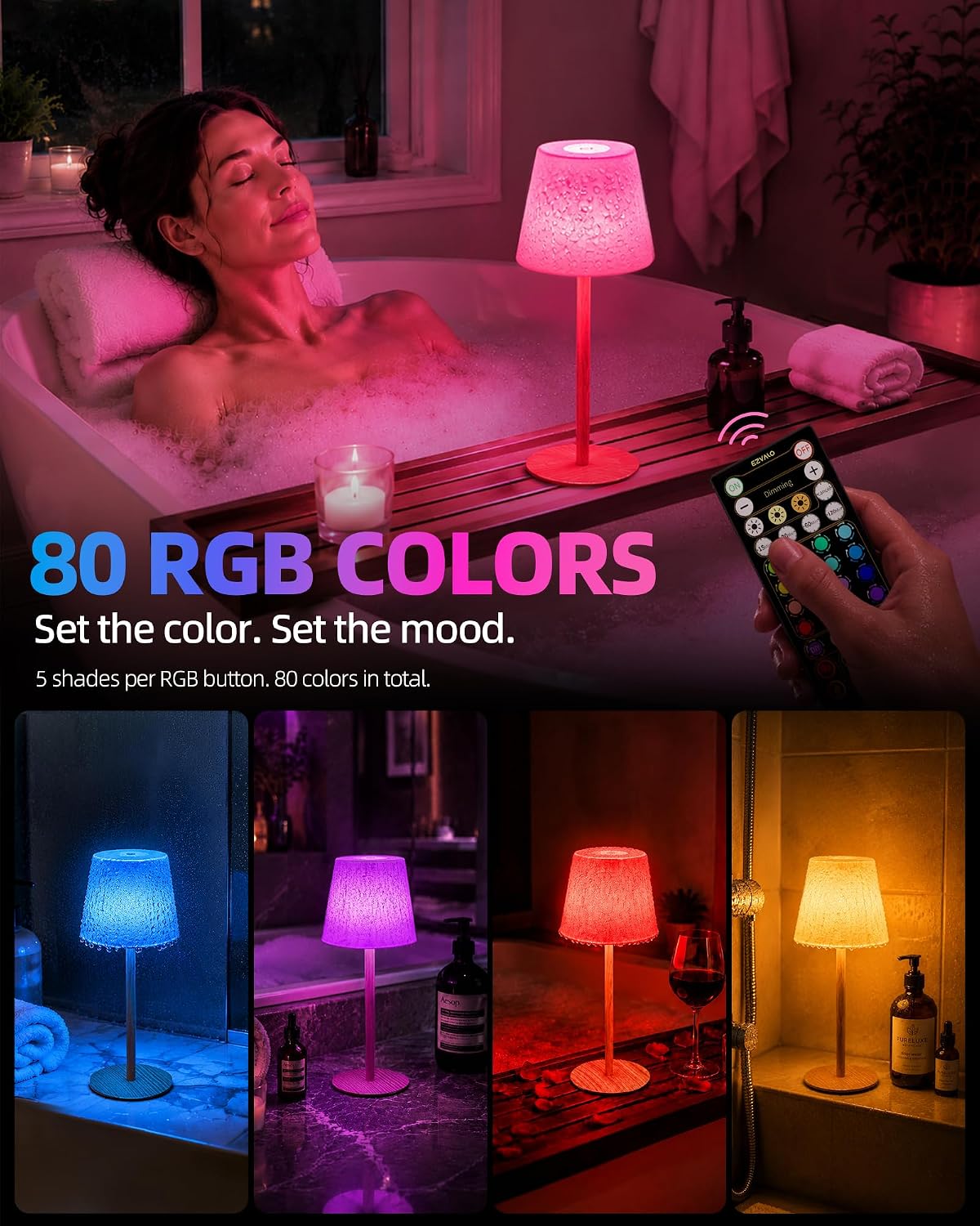 EZVALO Spa-Like RGB Shower Lamp – Waterproof Bathroom Lamp with Remote, Rechargeable Cordless Mood Light, 3 Color Temps & 80 RGB Colors for Relaxing Bathroom & Bathtub Experience (2 Packs)