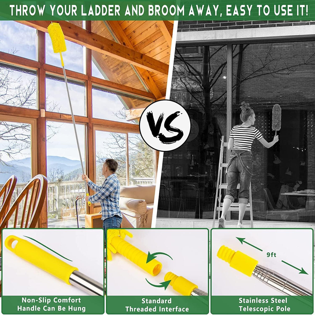 17FT Extendable Duster, 2-9 ft Extension Pole for High Ceilings