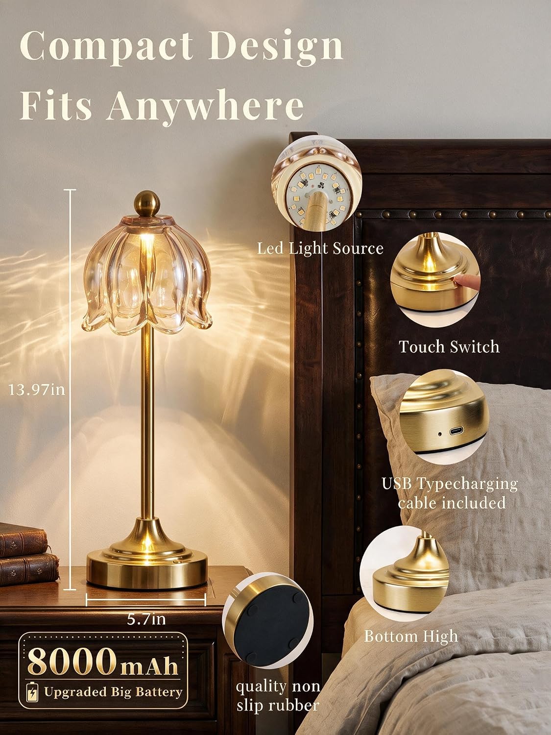 Cordless Touch Table Lamp with Glass Shade (Amber, 2 Pack)