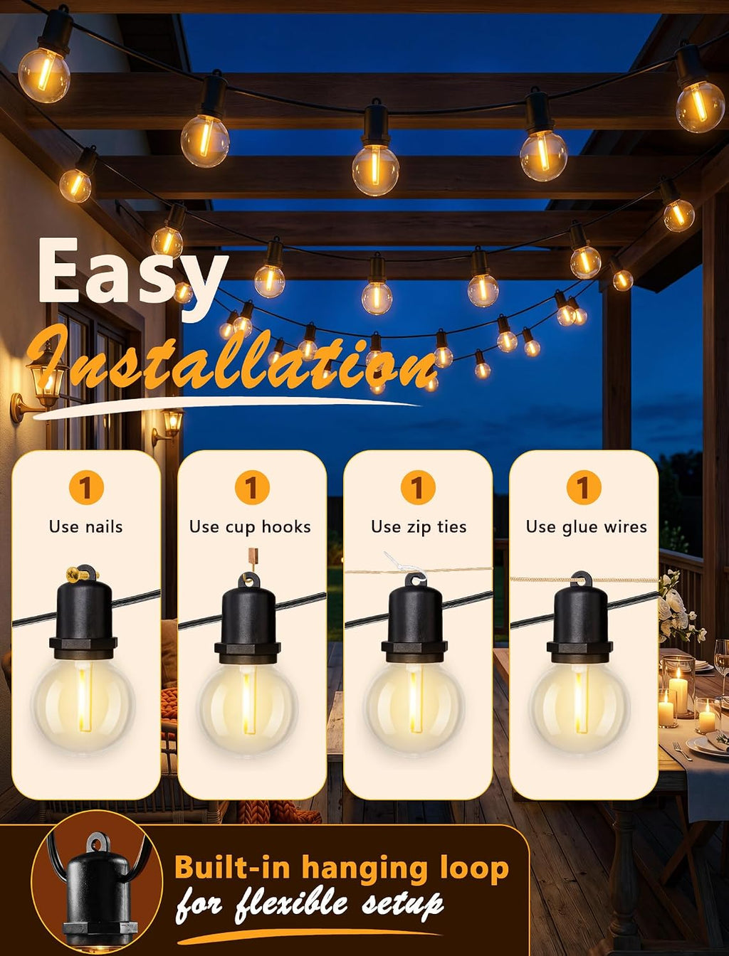 G40 LED Outdoor String Lights, 50FT, 27 Globe Bulbs, Black Wire