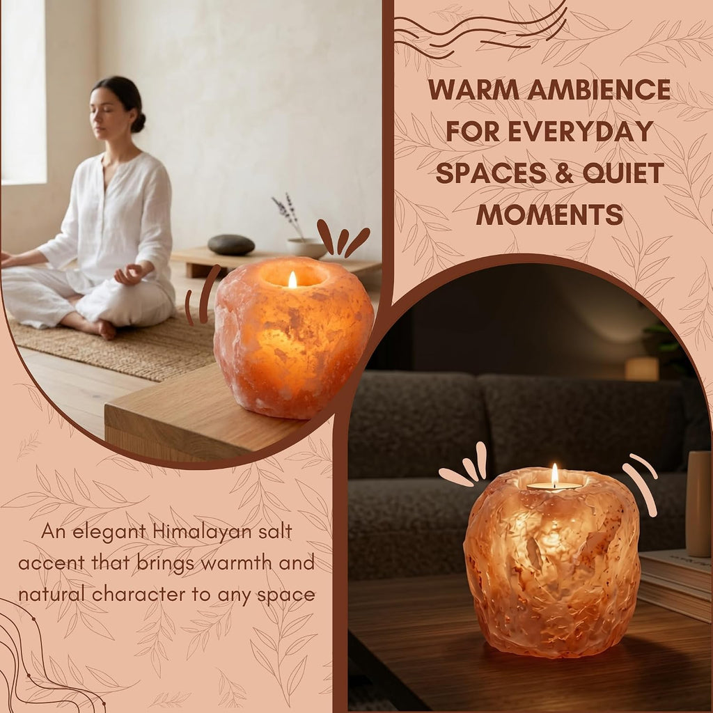 Pride of India Himalayan Pink Salt Tea Light Holder | Handcrafted Crystal Himalayan Rock Votive Candle Holder | Warm Amber Glow for Home Decor, Desk, Meditation & Yoga | Housewarming Gift