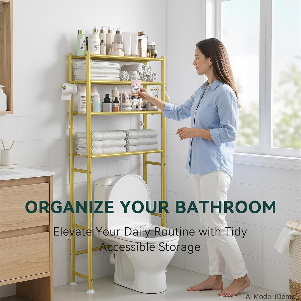 Livilord 3-Tier Over The Toilet Storage Rack, Space Saver Metal Bathroom Shelves, Freestanding Over Toilet Bathroom Organizer for Bathroom/Living Room (Gold)