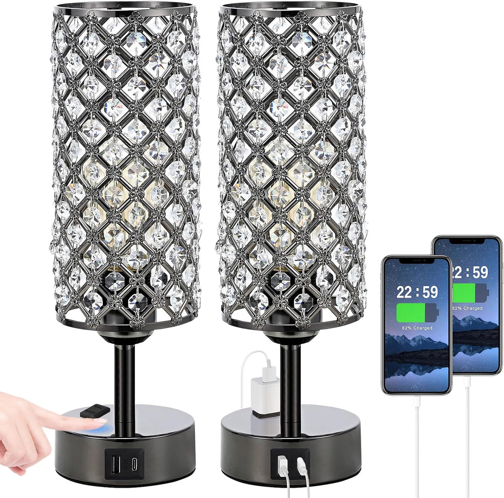 Hong-in Crystal Table Lamp Touch Control Set of 2, 3-Way Black Crystal Lamps with USB C+A Ports & AC Outlet, Dimmable Nightstand Desk Lamps,Modern Bedside Table Lamp for Bedroom(Bulbs Included)