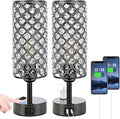 Hong-in Crystal Table Lamp Touch Control Set of 2, 3-Way Black Crystal Lamps with USB C+A Ports & AC Outlet, Dimmable Nightstand Desk Lamps,Modern Bedside Table Lamp for Bedroom(Bulbs Included)