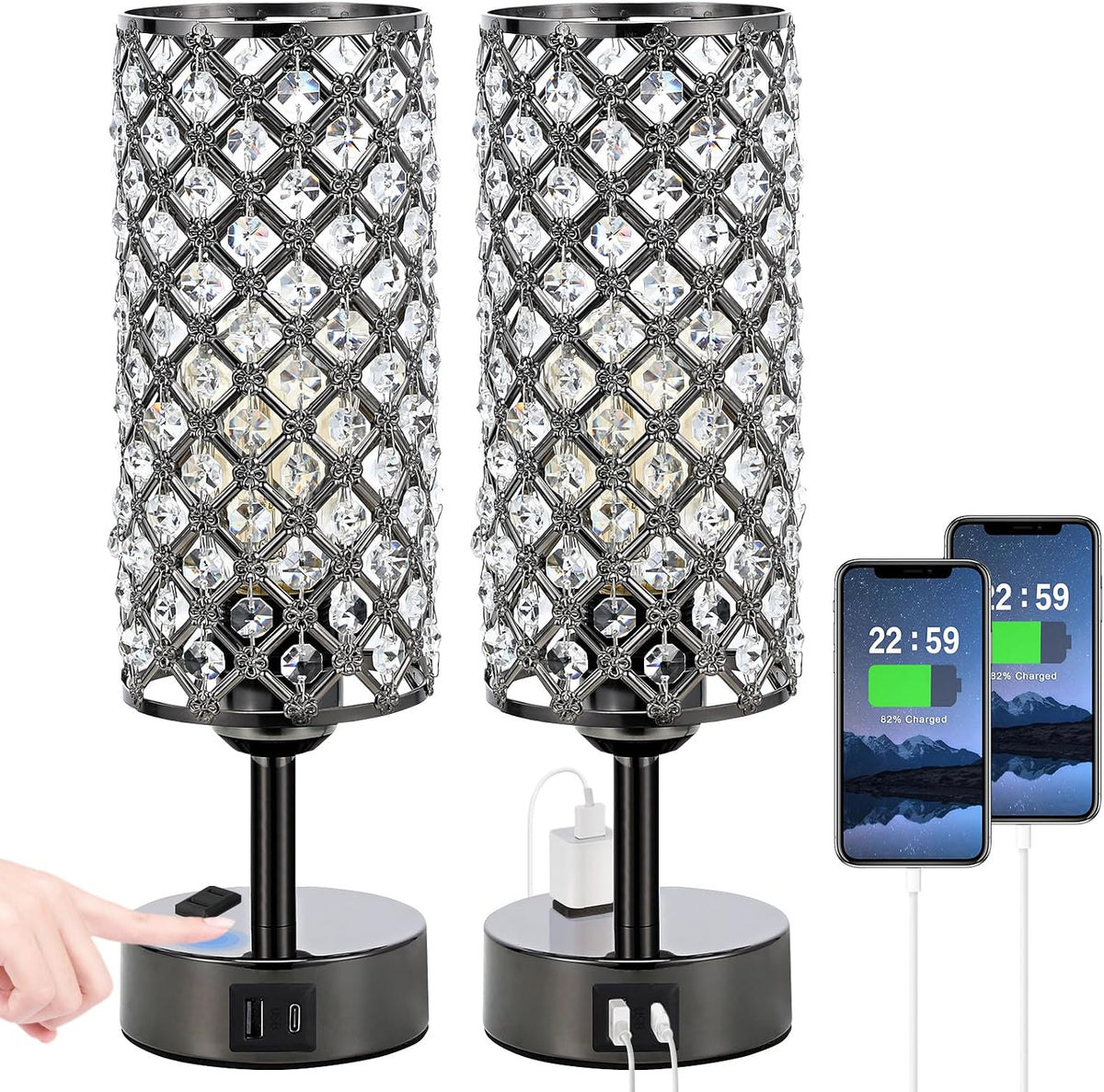 Hong-in Crystal Table Lamp Touch Control Set of 2, 3-Way Black Crystal Lamps with USB C+A Ports & AC Outlet, Dimmable Nightstand Desk Lamps,Modern Bedside Table Lamp for Bedroom(Bulbs Included)