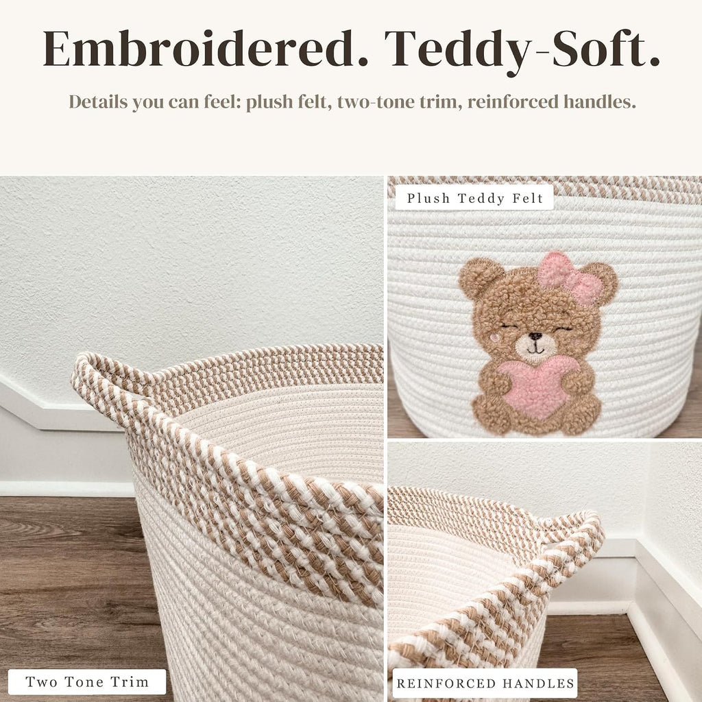 Pink Teddy Bear Baby Storage Basket, Cotton Rope Nursery Bin, 15x11 in