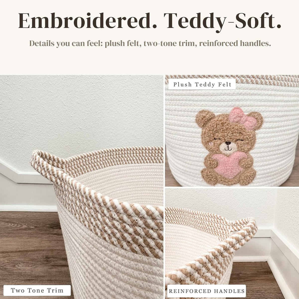 Pink Teddy Bear Baby Storage Basket, Cotton Rope Nursery Bin, 15x11 in