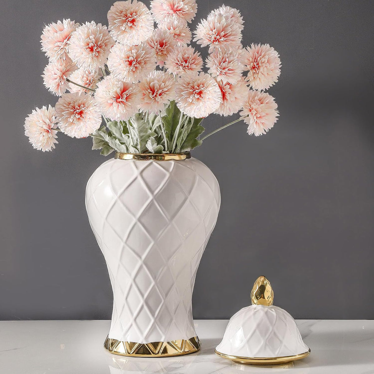 Ginger Jars for Home Decor, White and Gold Vase, Decorative Ceramic Ginger jar with lid, Porcelain Flower Vase for Centerpieces Jarrones, Storage jar, Table Center Vase, Temple Jar(12in)