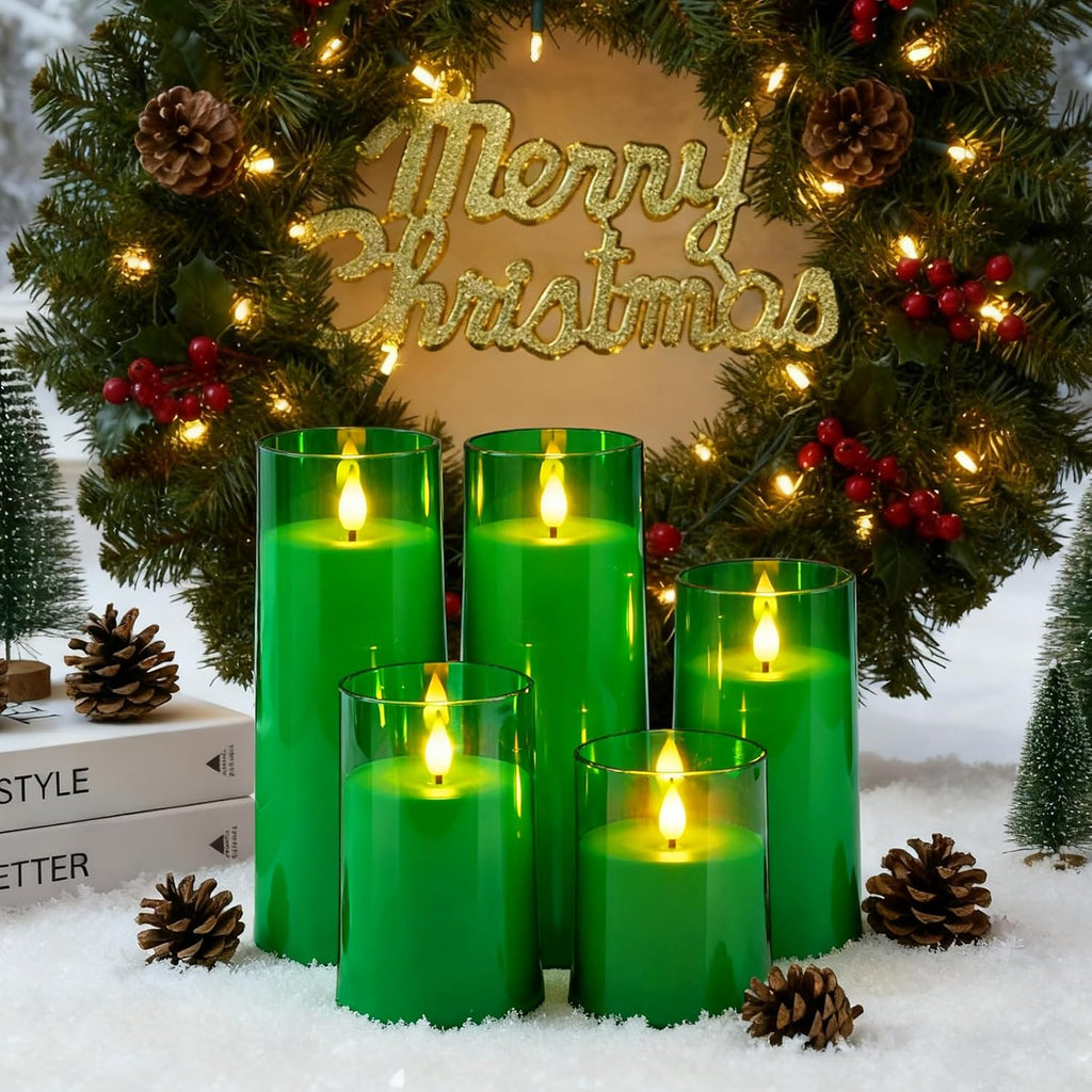 Raycare Battery Operated Flameless Pillar Candles with Remote Timer, Green