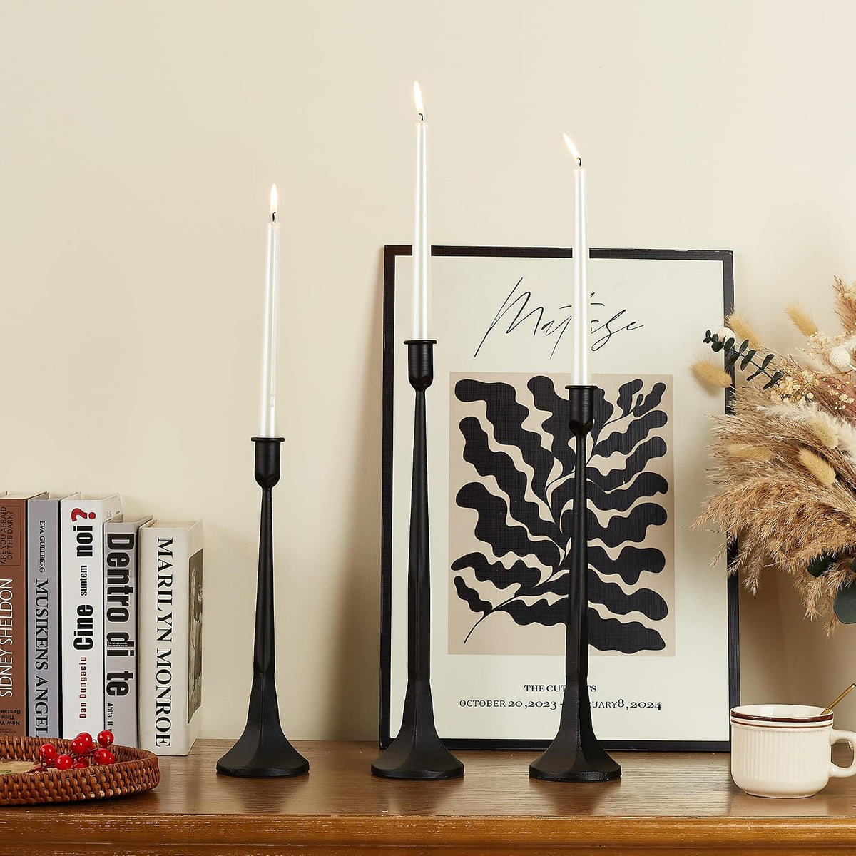 Iron Taper Candle Holder Set of 3 15.5” 14” 12” Decorative Modern Vintage Metal Tall Candlestick Holders for Wedding, Dinning Table,Mantle, Party Decoration (3, Black)