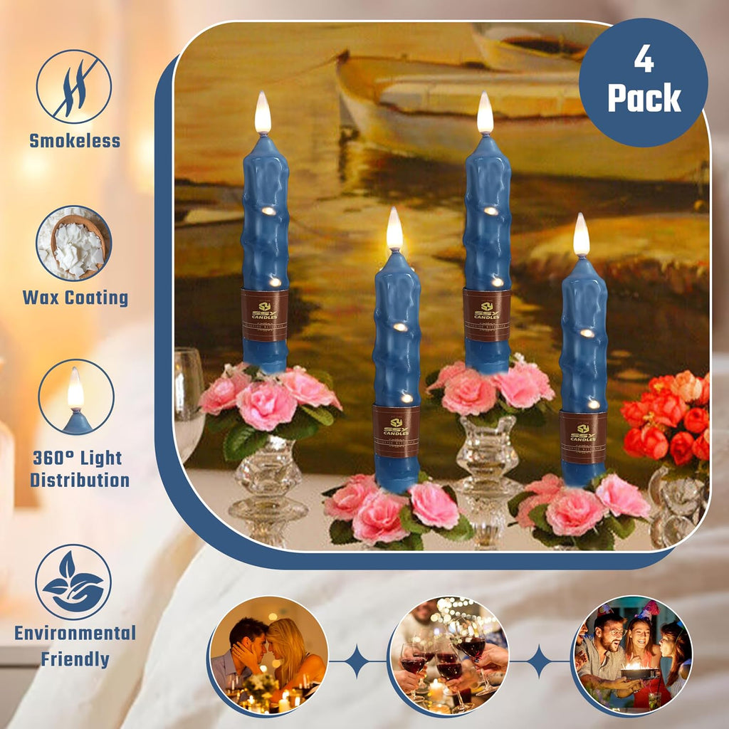 6.5 inch Haze Blue Flameless Candle with String Light Window Candles with Remote Timer Battery Operated Taper Candle LED Taper Candles Set of 4