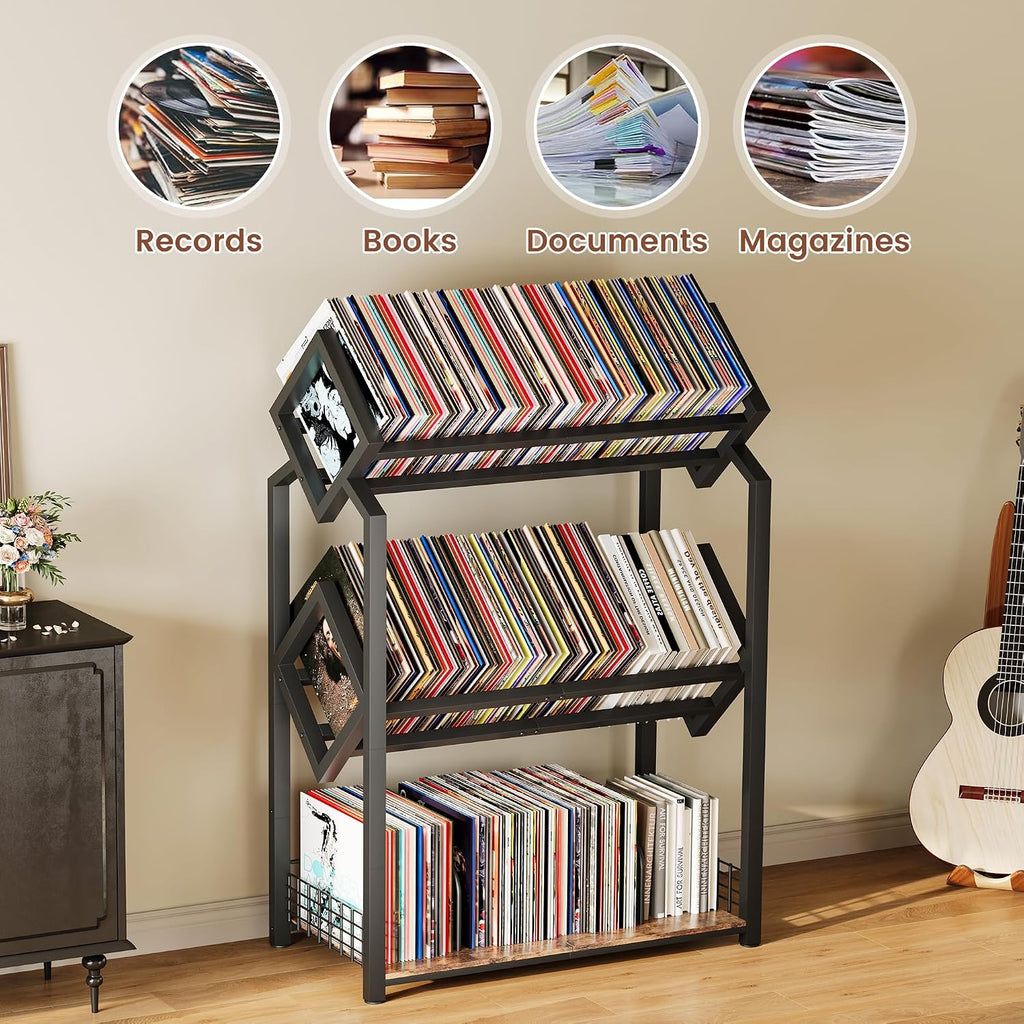 Homeiju 3-Tier Vinyl Record Storage Holder with Dividers