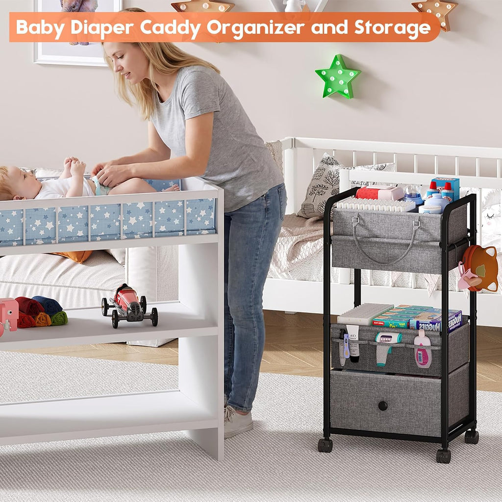Cidaziya 3In1 Baby Diaper Caddy Organizer, 3 Tier Rolling Cart with Drawer, Detachable Dividers, Mobile Utility Cart Baby Dresser Clothes Organizer for Crib, Bedroom, Art & Craft Storage, Grey