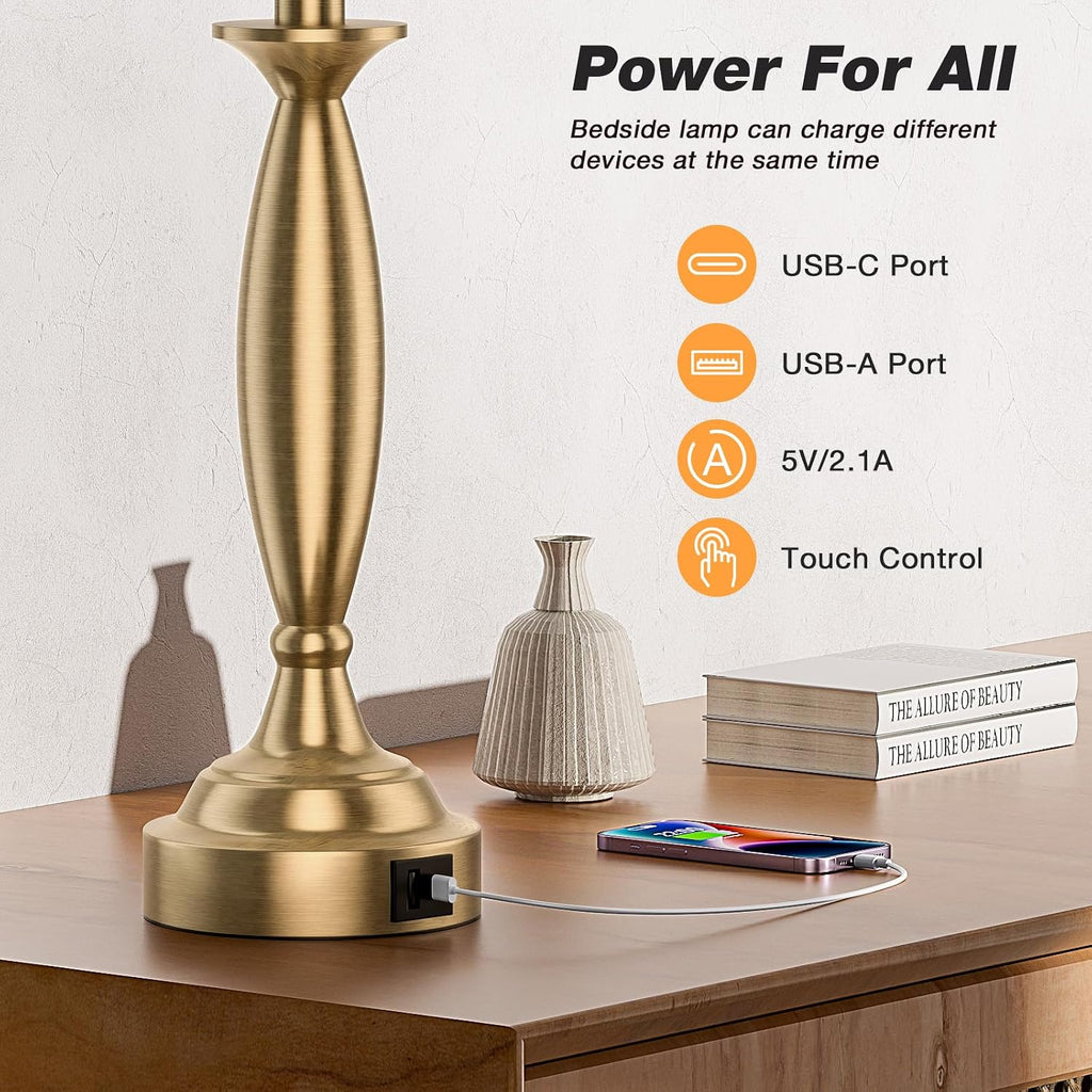 Bedroom Lamps for Nightstand, 3 Way Dimmable Gold Bedside Lamps with USB