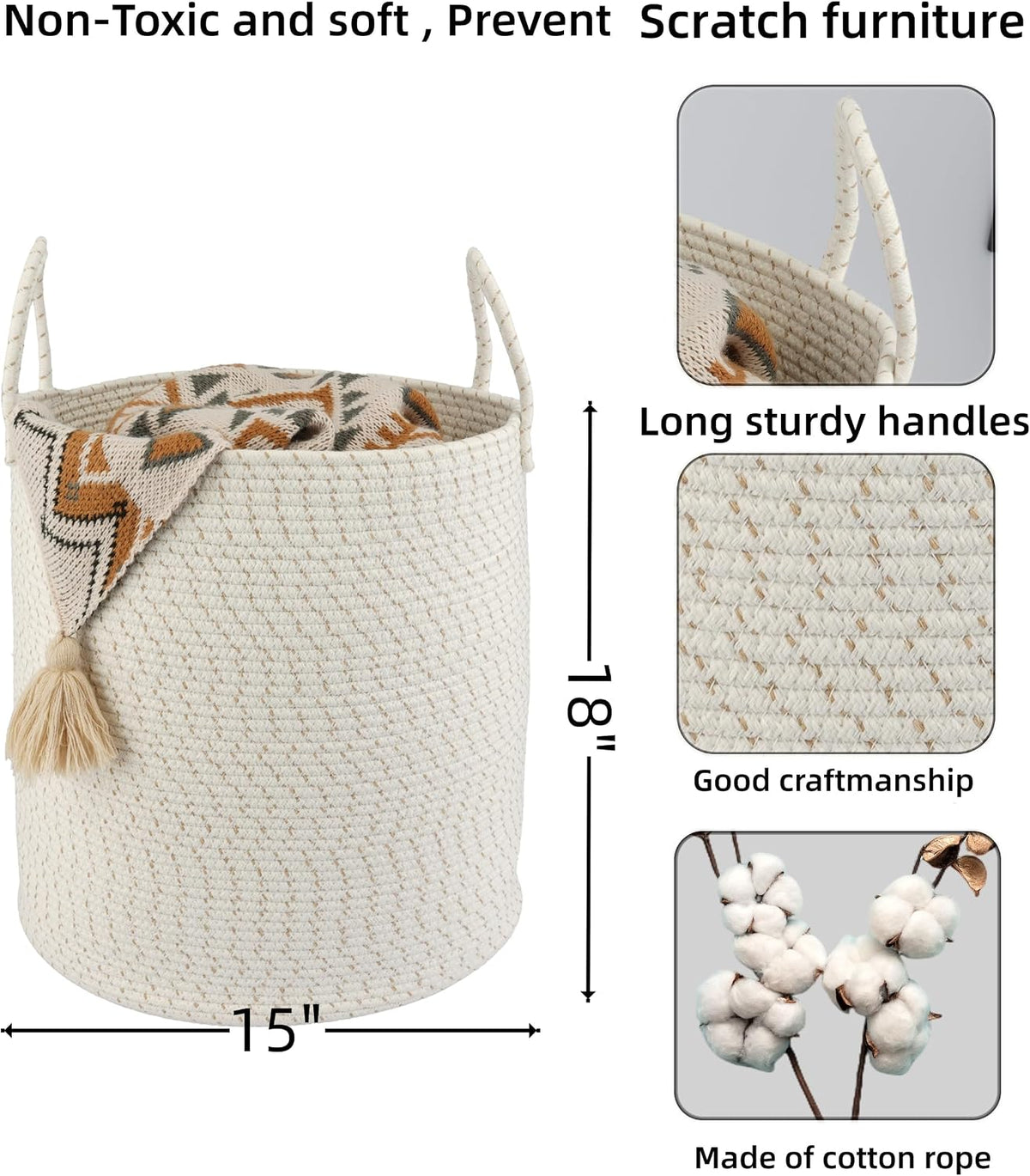 XUANGUO Cotton Rope Laundry Basket Hamper for Clothes, striped
