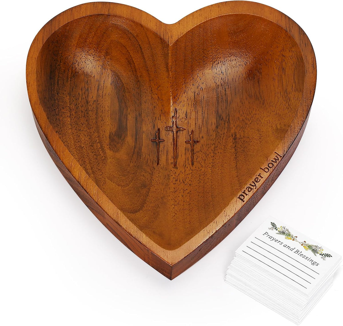 Prayer Bowl with 24 Blessing Cards Wooden Prayer Bowl Rustic Heart Shaped Decor Dough Bowls Christian Gifts for Mom Dad (Dark)