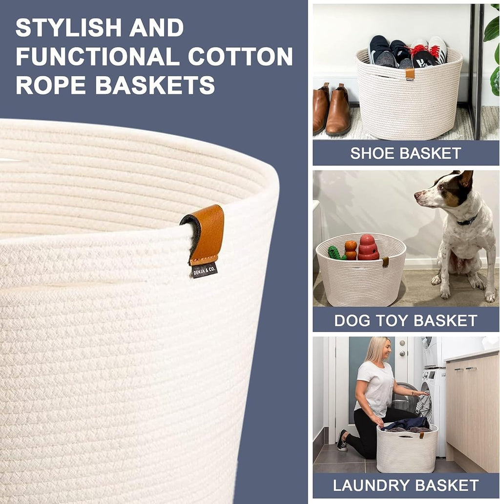 DENJA & CO Extra Large Blanket Basket for Living Room - White Farmhouse Woven Baskets for Storage | Cotton Rope Large Baskets for Blankets, Pillows, Toys, or Laundry | Ivory White (21" Wide x 13.8" Tall)