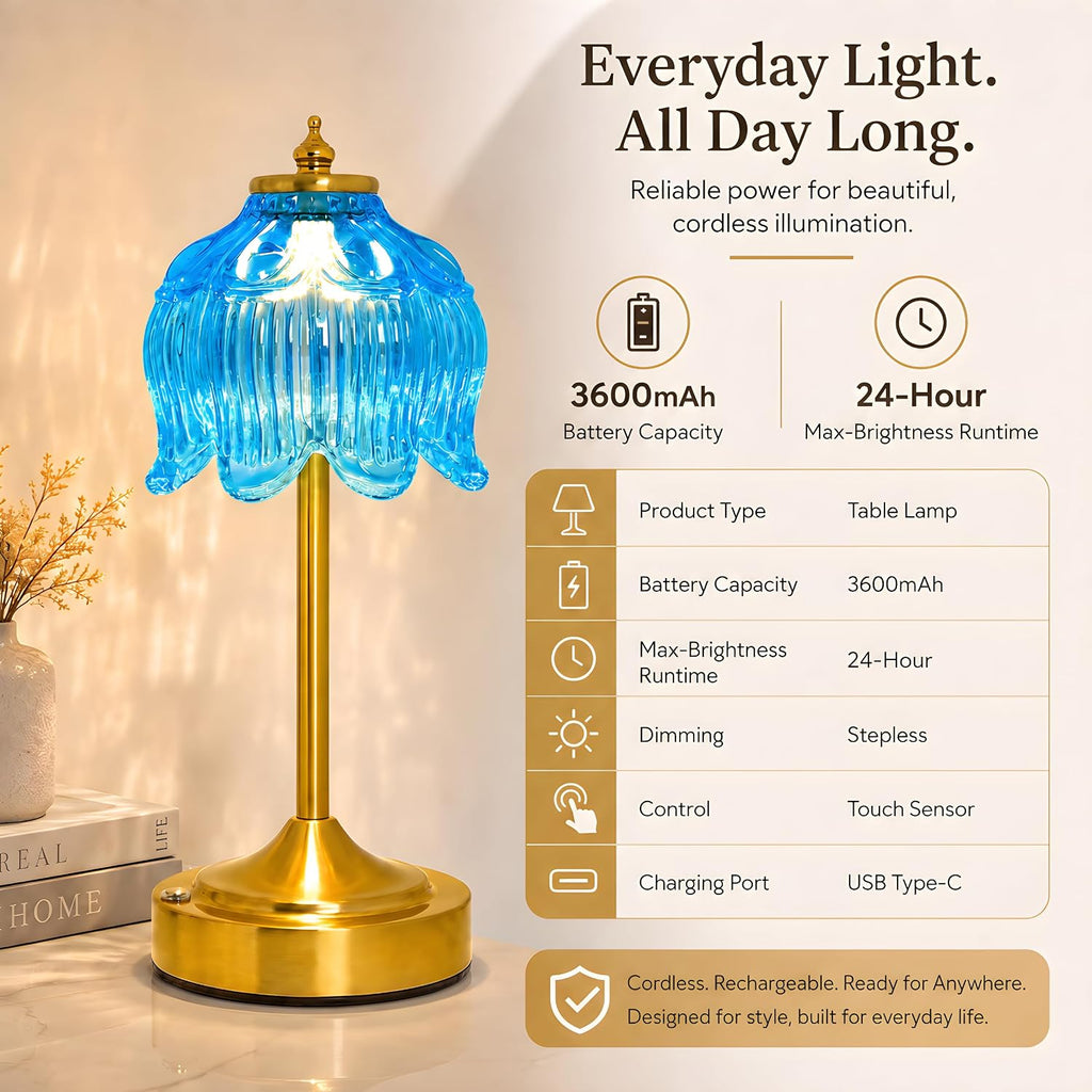 Lotus Flower Table Lamp, Cordless Rechargeable Amber Glass Bedside Lamp | 3600mAh Battery, Touch Control, 3 Color Modes & Stepless Dimming for Bedroom, Nightstand Lake Blue 2PC