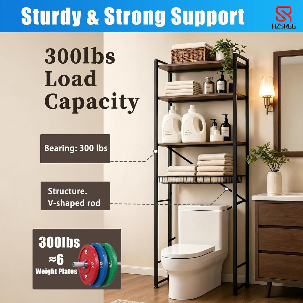 Over The Toilet Storage, 4-Tier Bathroom Organizer with V-Shaped Support & Pre-Welded Frame, Freestanding Rustproof Shelf with Toilet Paper Holder, Heavy Duty, 60" Tall, Antique Brown