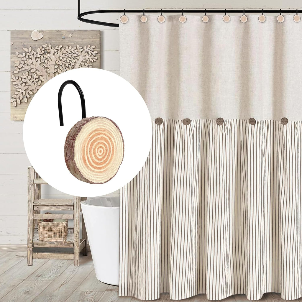 Sunlit Farmhouse Wooden Slices Shower Curtain Hooks, Rustic Home Decorative Shower Curtain Rings with Black Hooks for Bathroom, Resin Shower Curtain Hangers Bathroom Accessories, Set of 12, Brown
