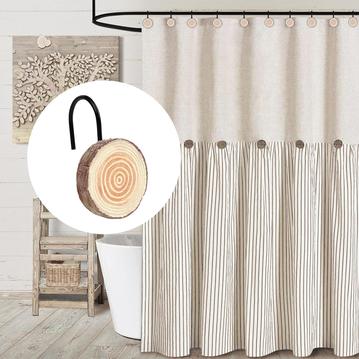 Sunlit Farmhouse Wooden Slices Shower Curtain Hooks, Rustic Home Decorative Shower Curtain Rings with Black Hooks for Bathroom, Resin Shower Curtain Hangers Bathroom Accessories, Set of 12, Brown