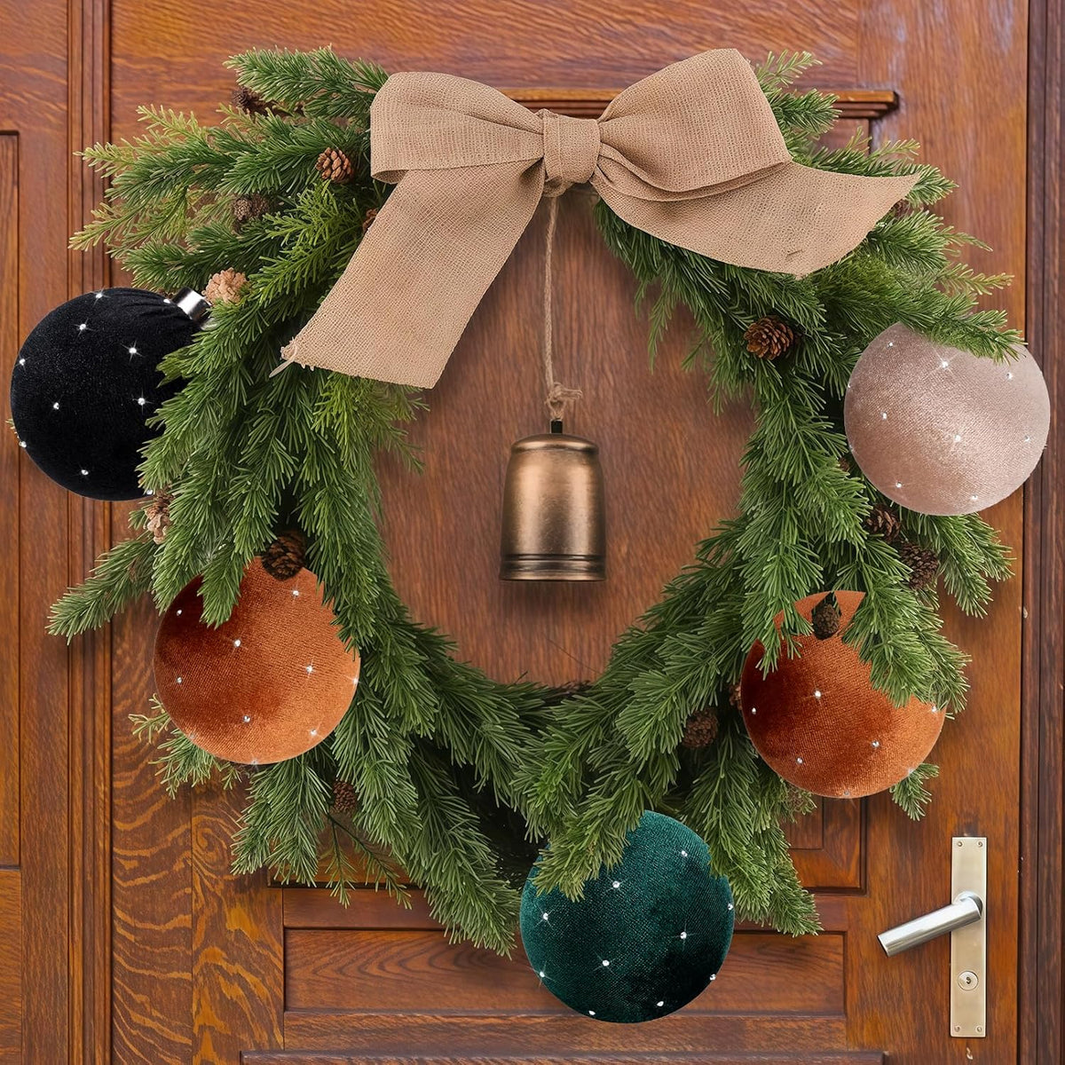 TonJin Christmas Tree Ornaments Velvet Balls 12 Pack, 3.15"/80mm Glitter Shatterproof Hanging Flocked Large Xmas Bulbs Decorations, Lightweight,Green Orange Black Neutral, Holiday Party Home Decor