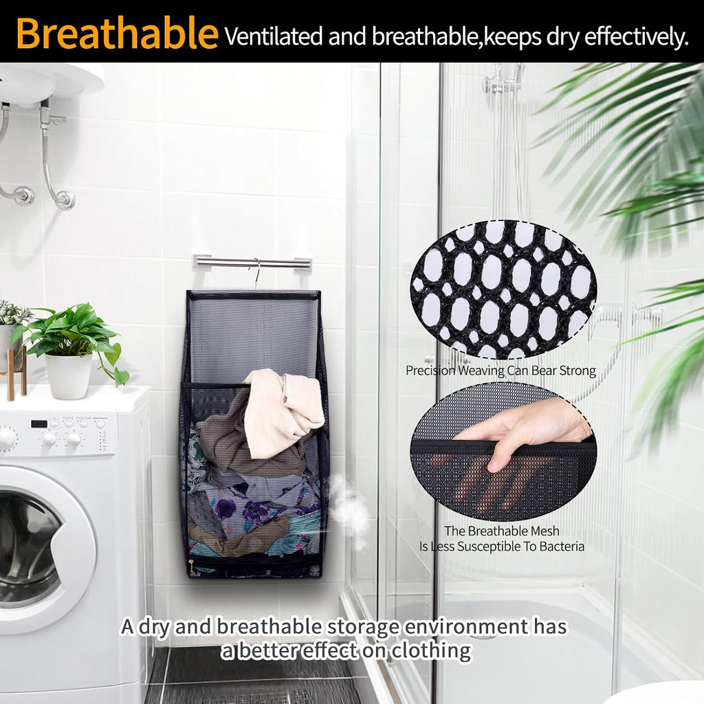 Hanging Collapsible Breathable Mesh laundry bags,Fast Drying Portable Space Saving Laundry Hamper for dorm,Rv Laundry Hamper Storage (Black)