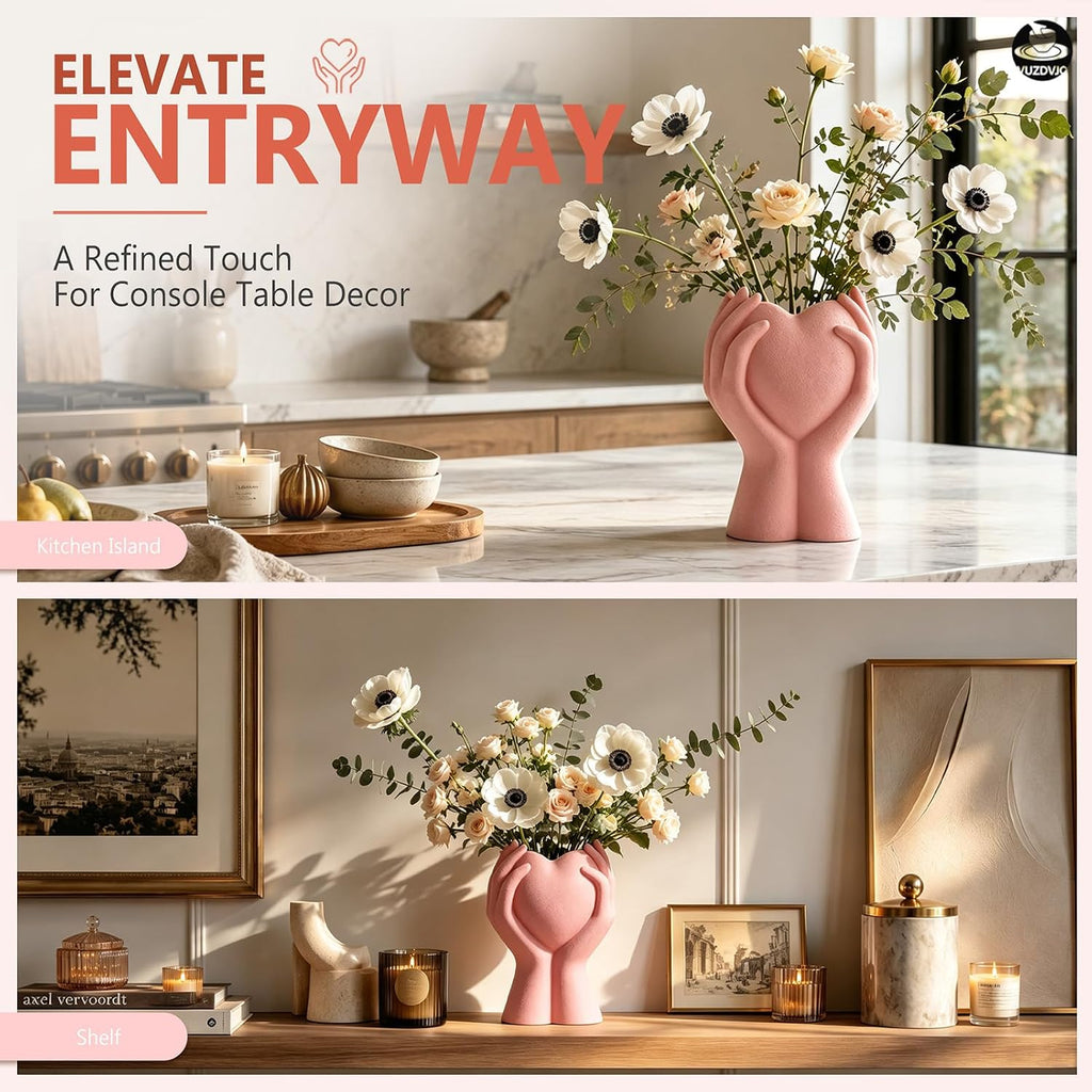 8 Inch Heart Hand White Ceramic Vase - Unique Modern Aesthetic Flowers Vase for Living Room Bedroom Office Kitchen Table Centerpiece or Shelf Decor - Gifts for Wedding Bridal Shower Women Mom (Pink)