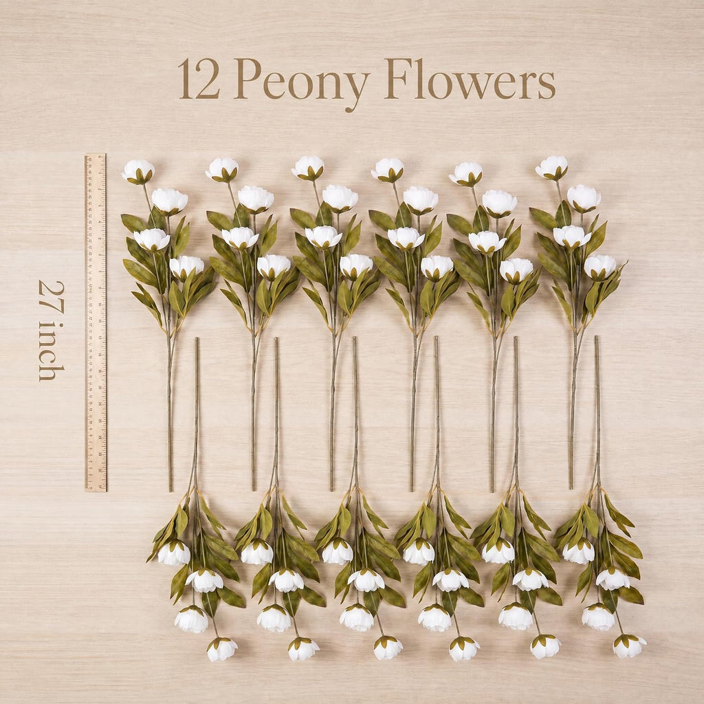 Pinkpum 12 Pcs Faux Silk Peony Artificial Flowers for Vase Decor White