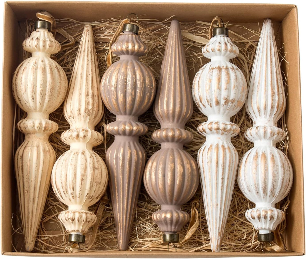 Vintage Finial Christmas Ornaments, 6Pcs Neutral Shatterproof Xmas Tree Ornaments(Modern Color)