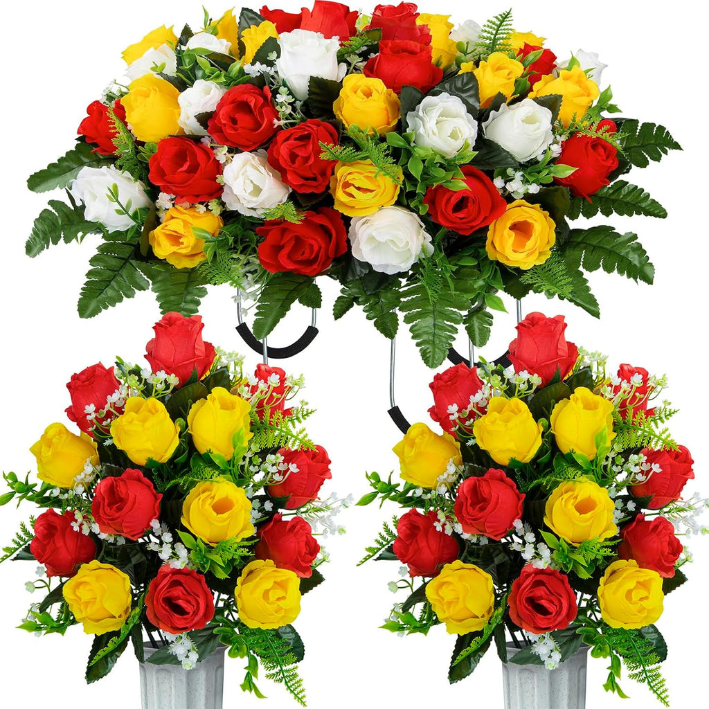 XONOR Artificial Cemetery Flower Saddles, Cemetery Memorial Flowers with Vase for Grave Tombstone Decorations (Yellow Red White)