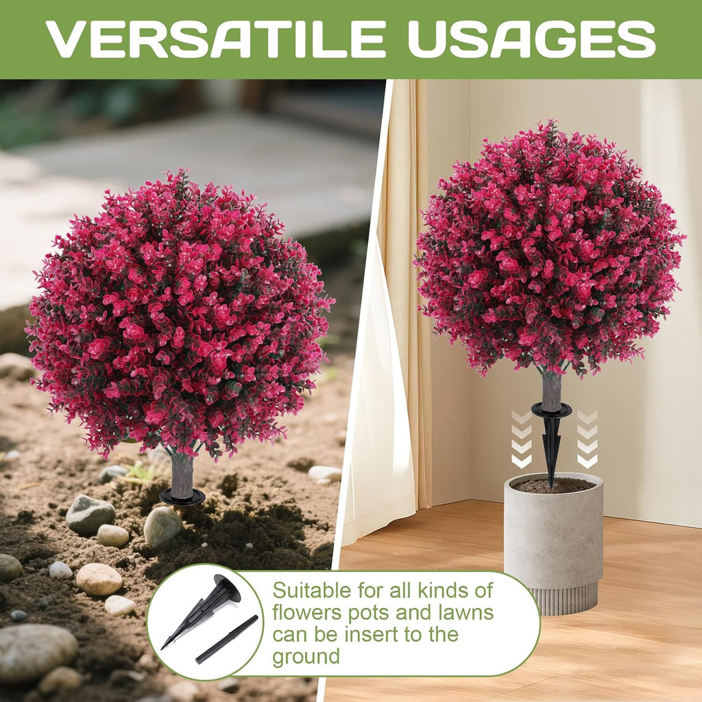 Set of 2 Artificial Red Eucalyptus Topiary Ball Tree,24" with Ground Spike