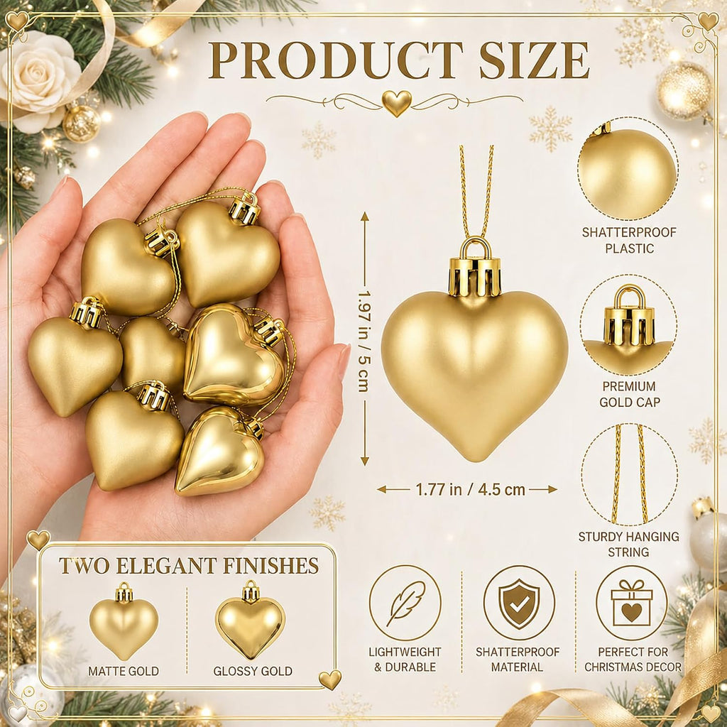 Set of 12 Gold Heart Ornaments for Christmas Valentine Tree Decorations, 1.8 inch Mini Valentines Ornaments for Small Tree, Heart Shaped Plastic Shatterproof Hanging Balls Holiday Party Decor