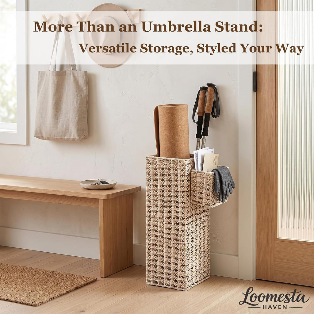 Square Wicker Umbrella Stand, Handwoven PE Rattan with Side Basket