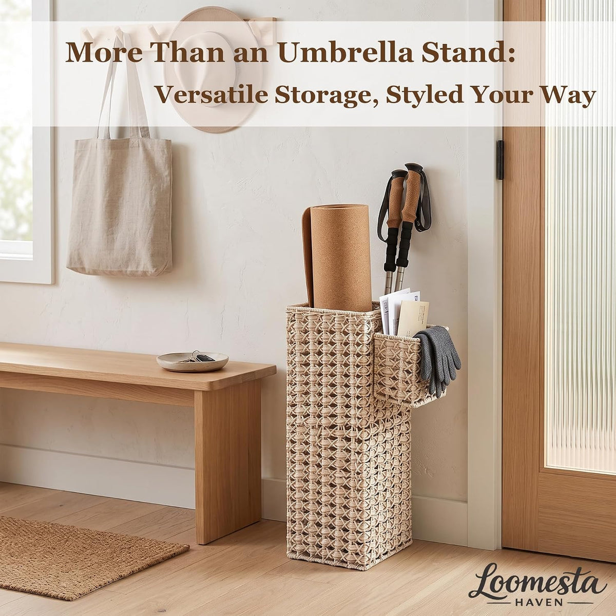 Square Wicker Umbrella Stand, Handwoven PE Rattan with Side Basket