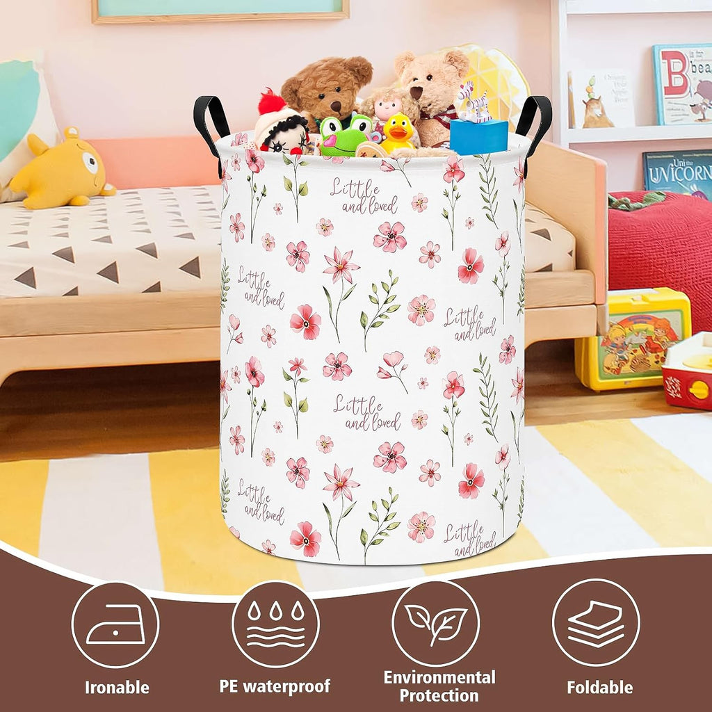 Round Laundry Hamper Large Canvas Fabric Storage Basket Pink Floral