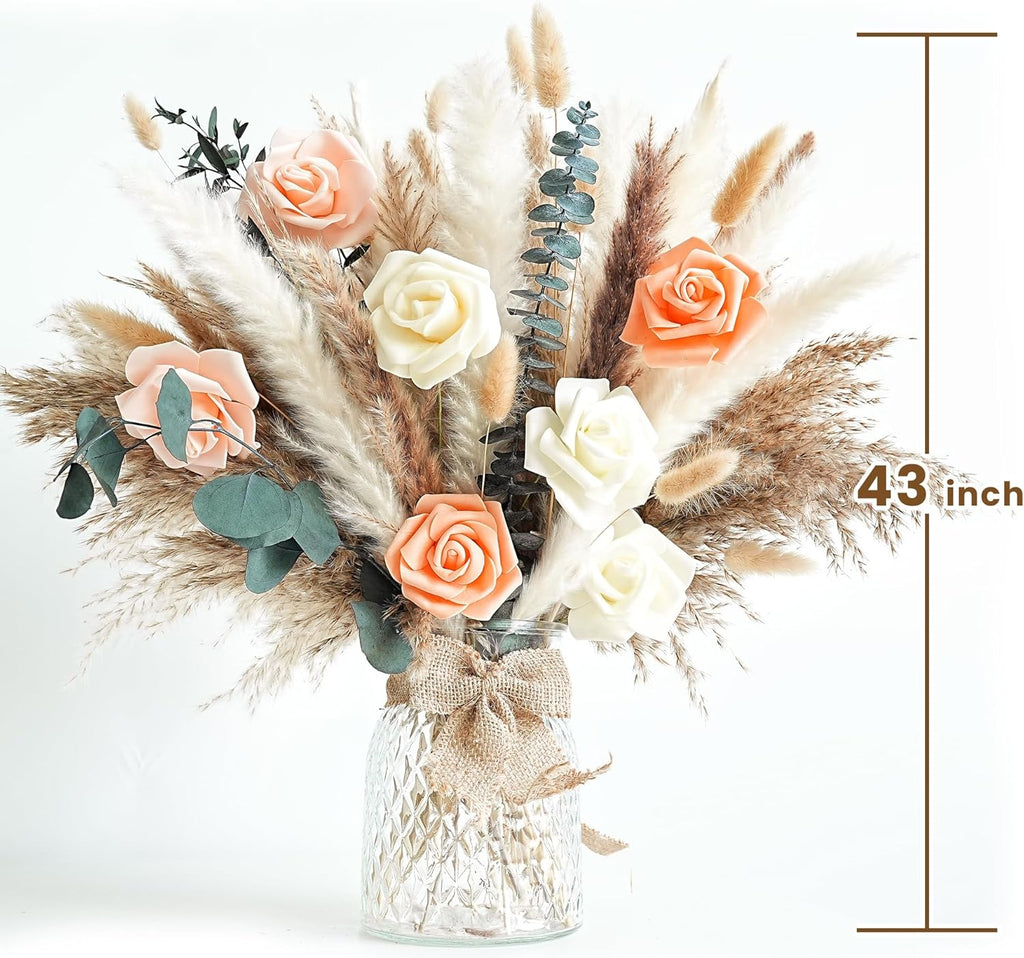 Dried Flower Bouquet | Pampas Grass Decor | Floral Arrangements for Home & Wedding | Boho, Rustic, and Modern Decorations (Without vase)