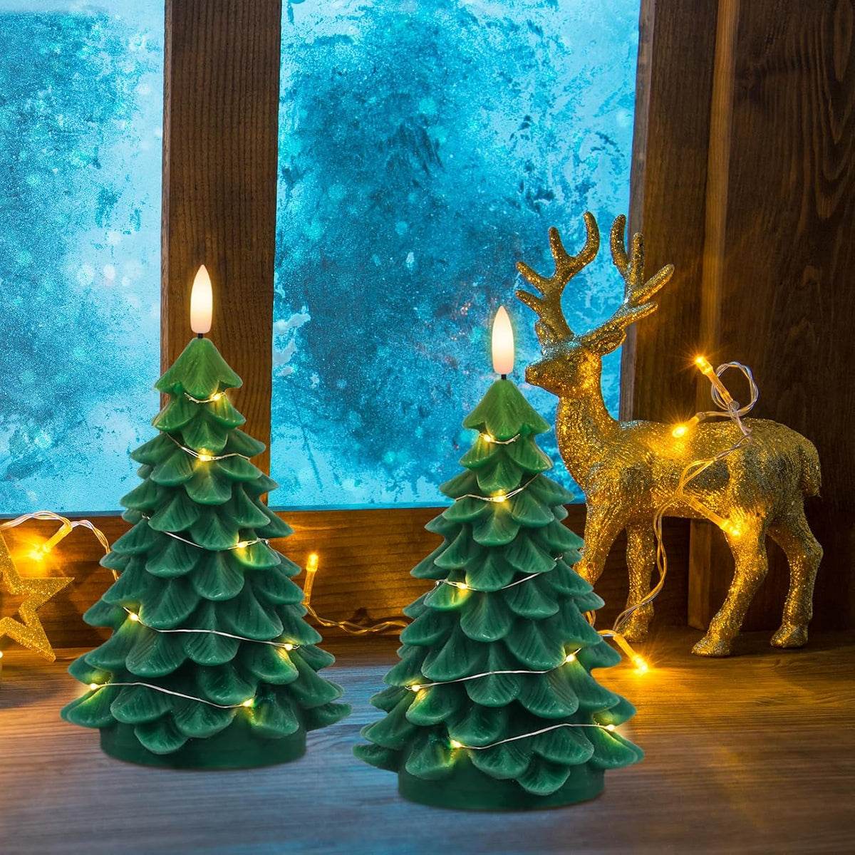 Christmas Tree Candles with String Light & Remote Timer Green