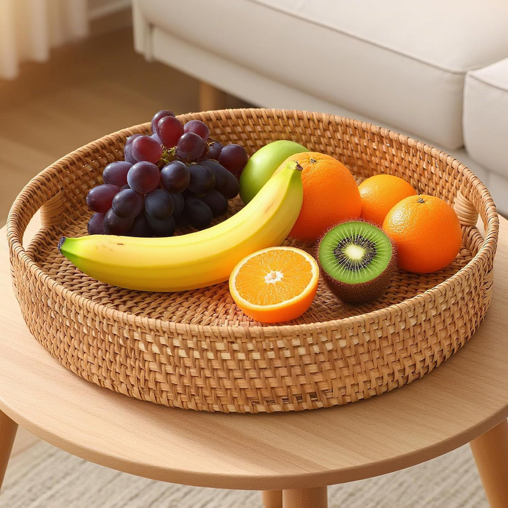 Round Rattan Serving Tray, Natural Wicker Decorative Tray for Serving, Fruit/Bread Serving Basket, Round Woven Tray with Handles.(Large:13.8inch)