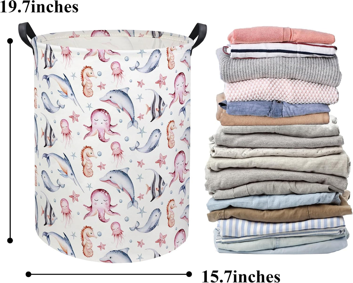 Baby Laundry Basket Baby Hamper for Nursery Girl Kids Ocean Hamper Cute Storage Bin Organizer Pink Room Decor for Home(Pink Ocean)