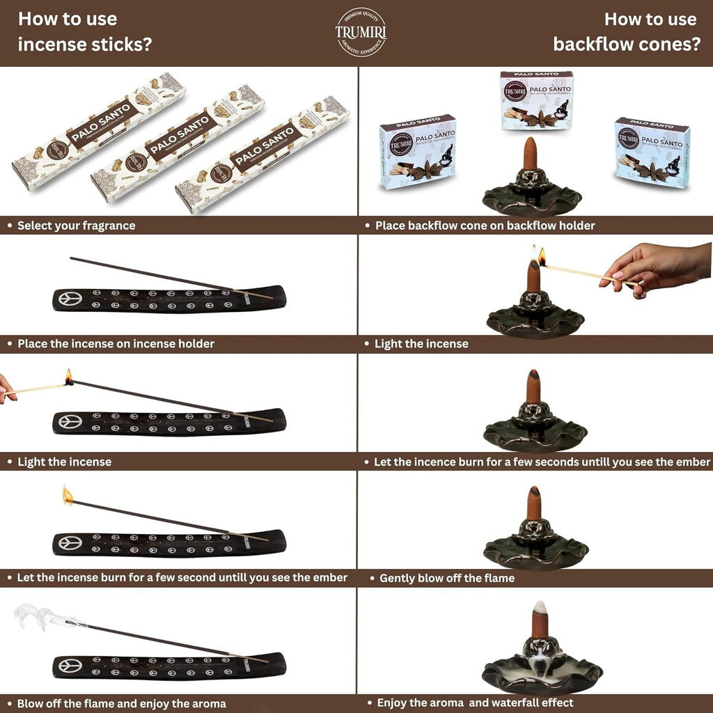 Palo Santo Incense Sticks & Backflow Incense Cones for Waterfall Combo Pack - 60 Insence-Sticks + 30 Backflow Cones - Insents - Incense Waterfall Cones - Inscense