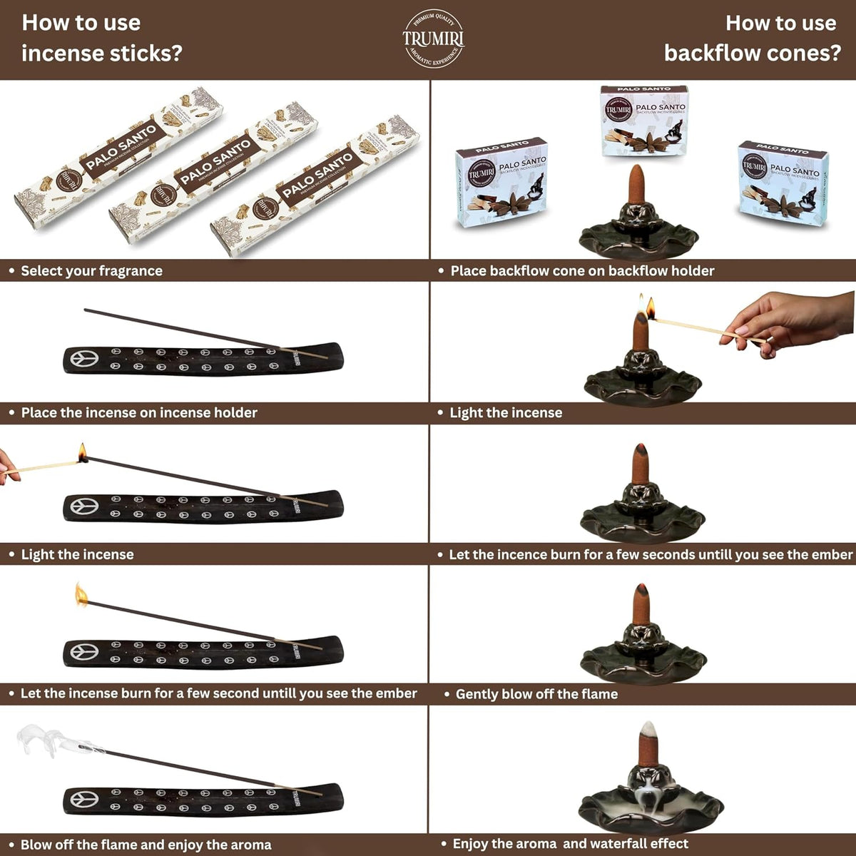 Palo Santo Incense Sticks & Backflow Incense Cones for Waterfall Combo Pack - 60 Insence-Sticks + 30 Backflow Cones - Insents - Incense Waterfall Cones - Inscense