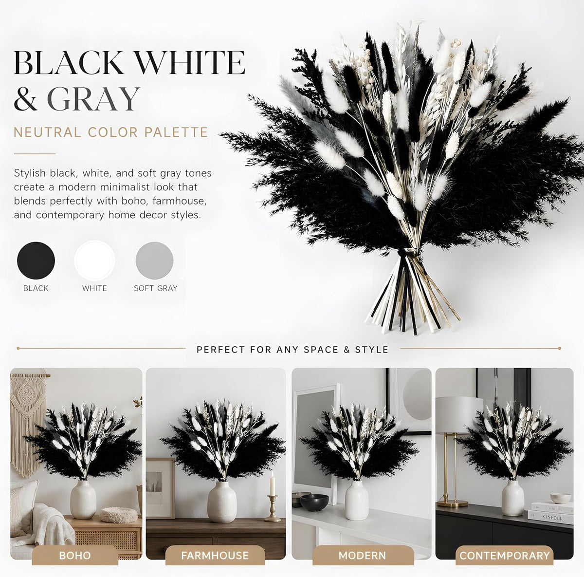 Black Pampas Grass Bouquet, Dried Flowers for Halloween and Boho Home Decor