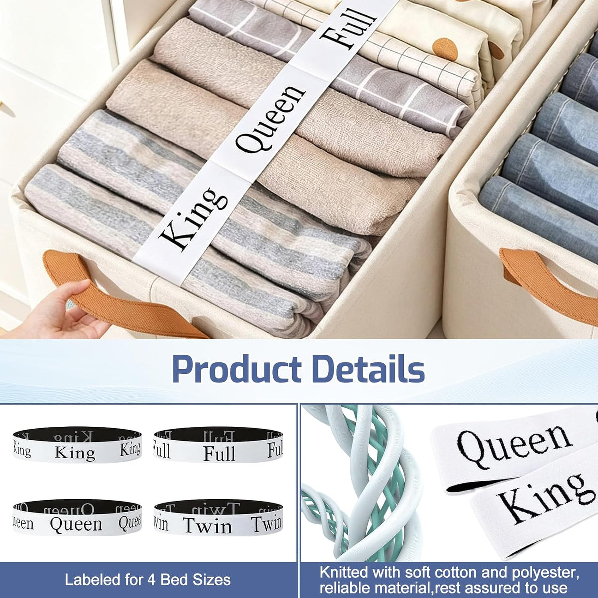 22 Pack Bed Sheet Organizer Bands, Elastic Bedding Bands Labels for Organizing Bed Sheets, Includes 6 Hook and Loop Adjustable Sheet Organizer Straps