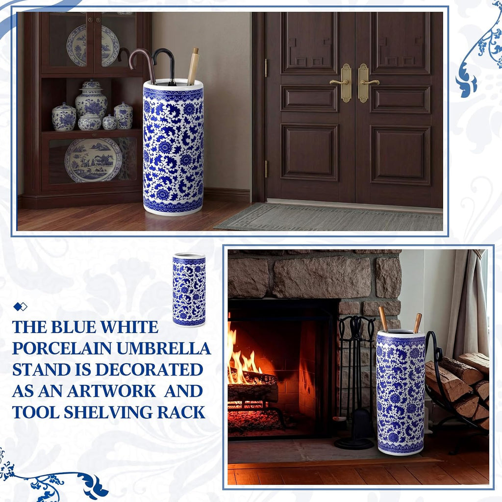 Sawysine Blue White Ceramic Umbrella Stand with Lotus in Vine Design